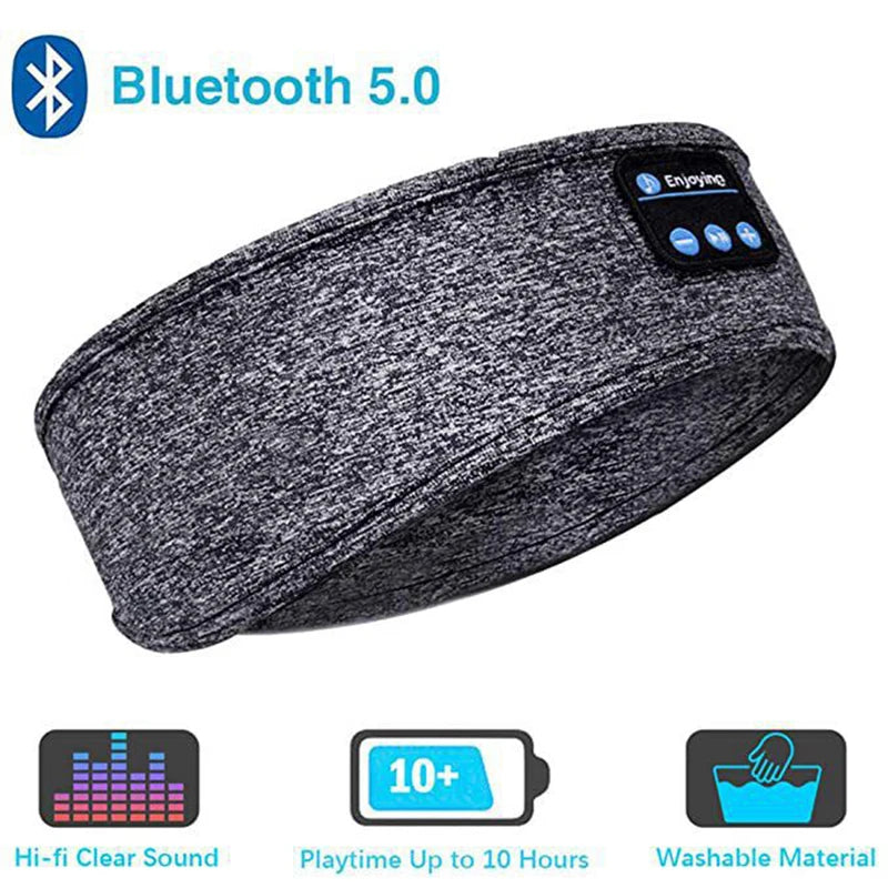 A grey version of the Sleep Mask saying its washable and provides clear sound with playtime up to 10 hours