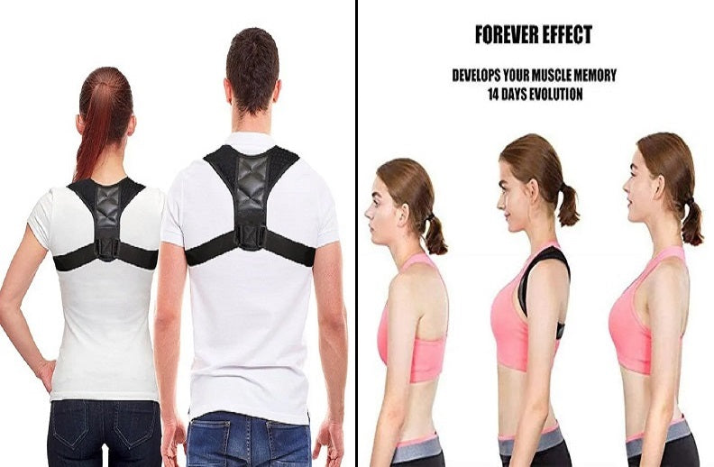 Homepage image of a man and a woman wearing the Posture Corrector next to an image of a woman's bad posture eventually improving after using the Posture Corrector