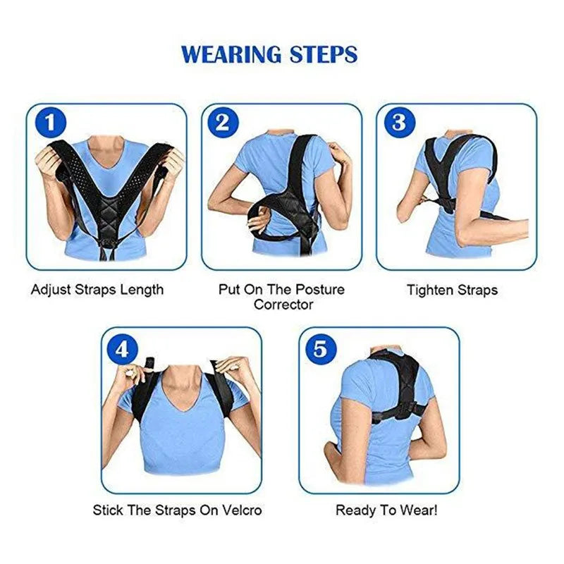 A woman wearing a blue shirt shows how to wear and adjust the Posture Corrector