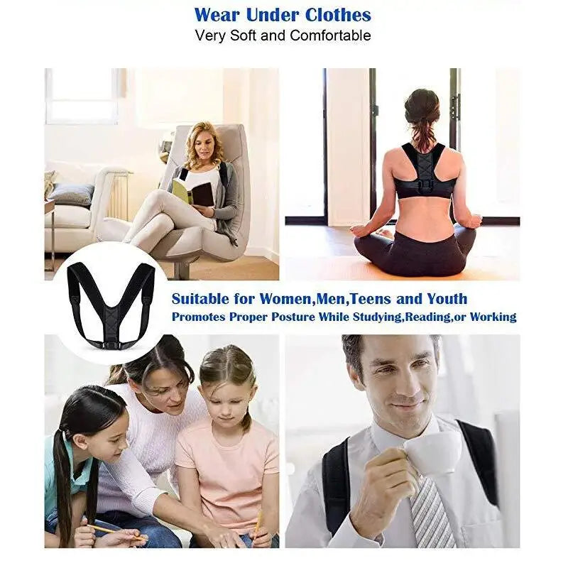 An image of 4 examples of different people wearing the Posture Corrector showing its suitability for children and also men and women