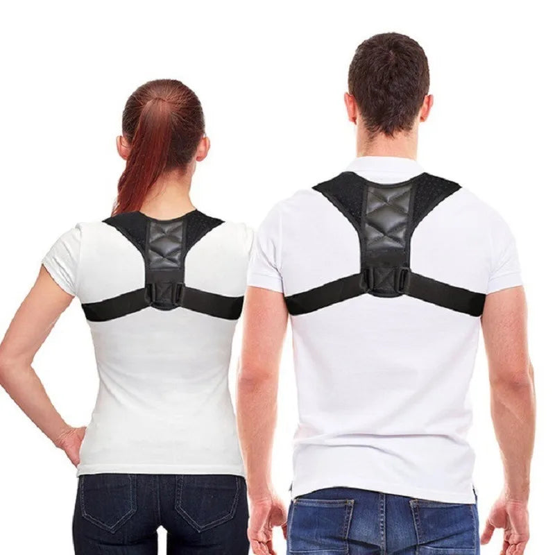 A man and a woman wearing the Posture Corrector on top of a white shirt