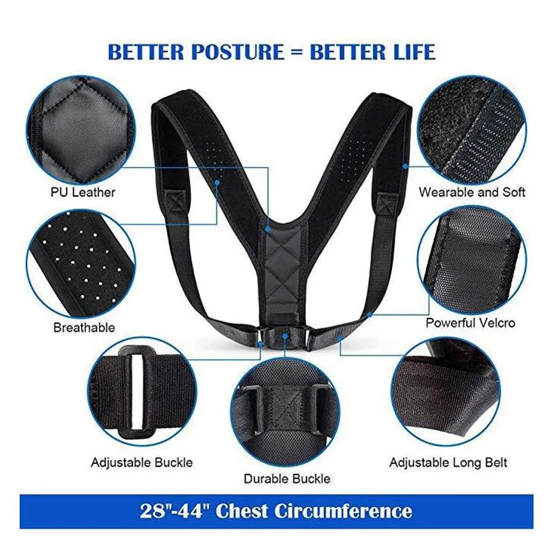 An image of the black Posture Corrector with all the features it provides like material and adjustable buckle