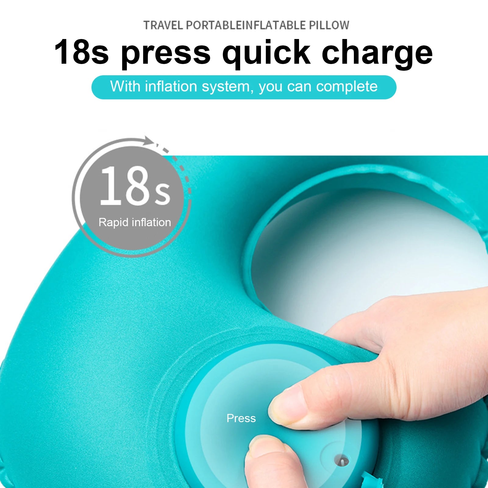 A woman pressing the built-in valve of the Press-Inflatable_Neck_Pillow to show how it rapidly inflates