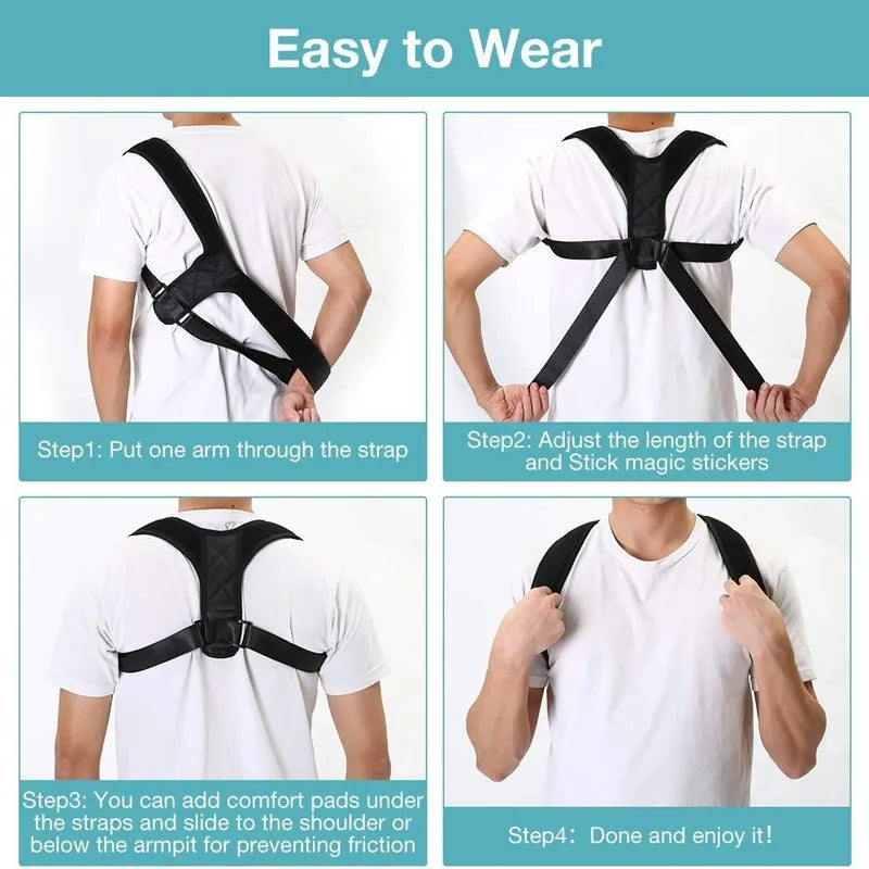 A man wearing the Posture Corrector on top of a white shirt demonstrating how to wear and adjust the Posture Corrector