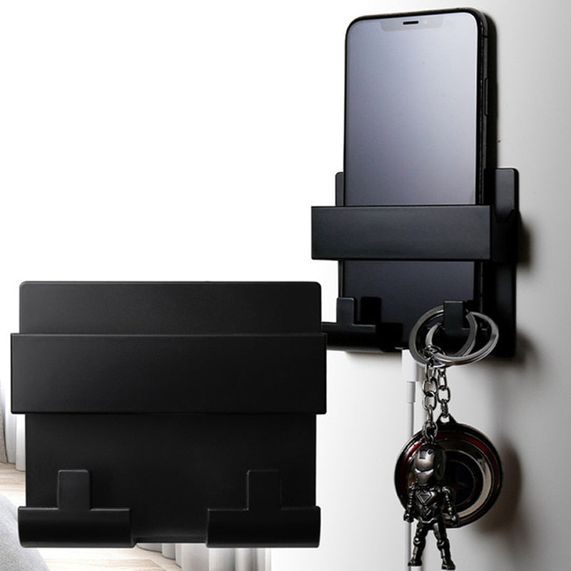 Secured Black Wall-Mount Phone Holder with hooks to the front